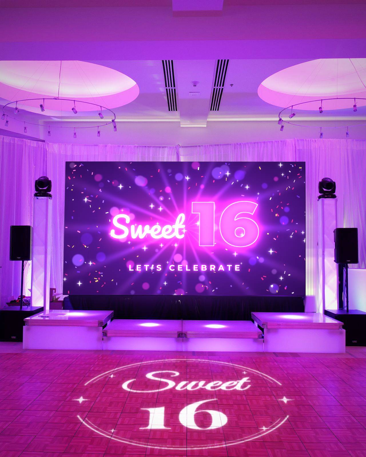 Sweet 16 title glowing on an ATG LED video wall over a pink dance floor with a Sweet 16 light projection