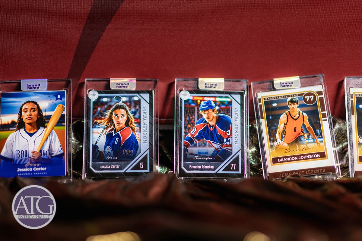 AI photo booth prints styled as sports trading cards on display