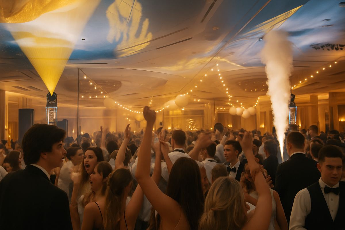 Geyser jets firing over a prom crowd
