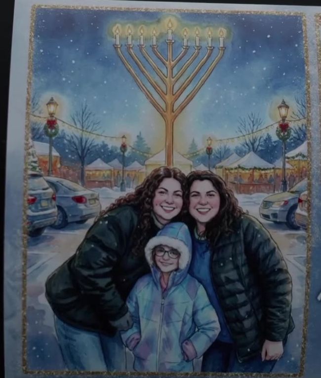 AI artwork of a family in front of a lit menorah, printed at the Chanukah menorah lighting