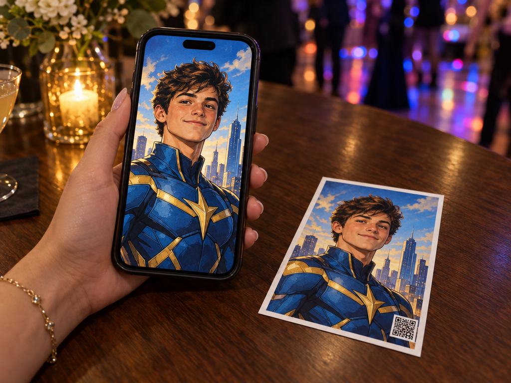 Sample of an AI photo booth result as a 4x6 print and on a phone