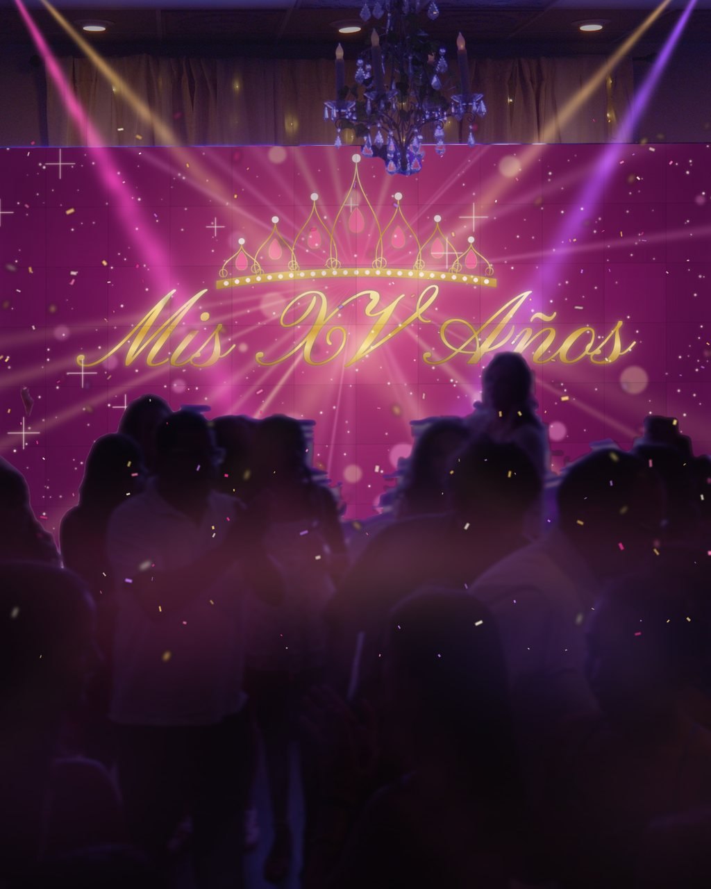 Quinceañera guests dancing in front of an ATG LED video wall showing a gold tiara and Mis XV Años, with pink and gold beams and confetti