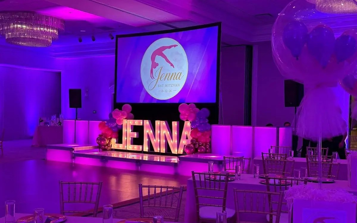 JENNA marquee letters on ATG's LED dance boxes at a Bat Mitzvah at Charlotte Marriott City Center