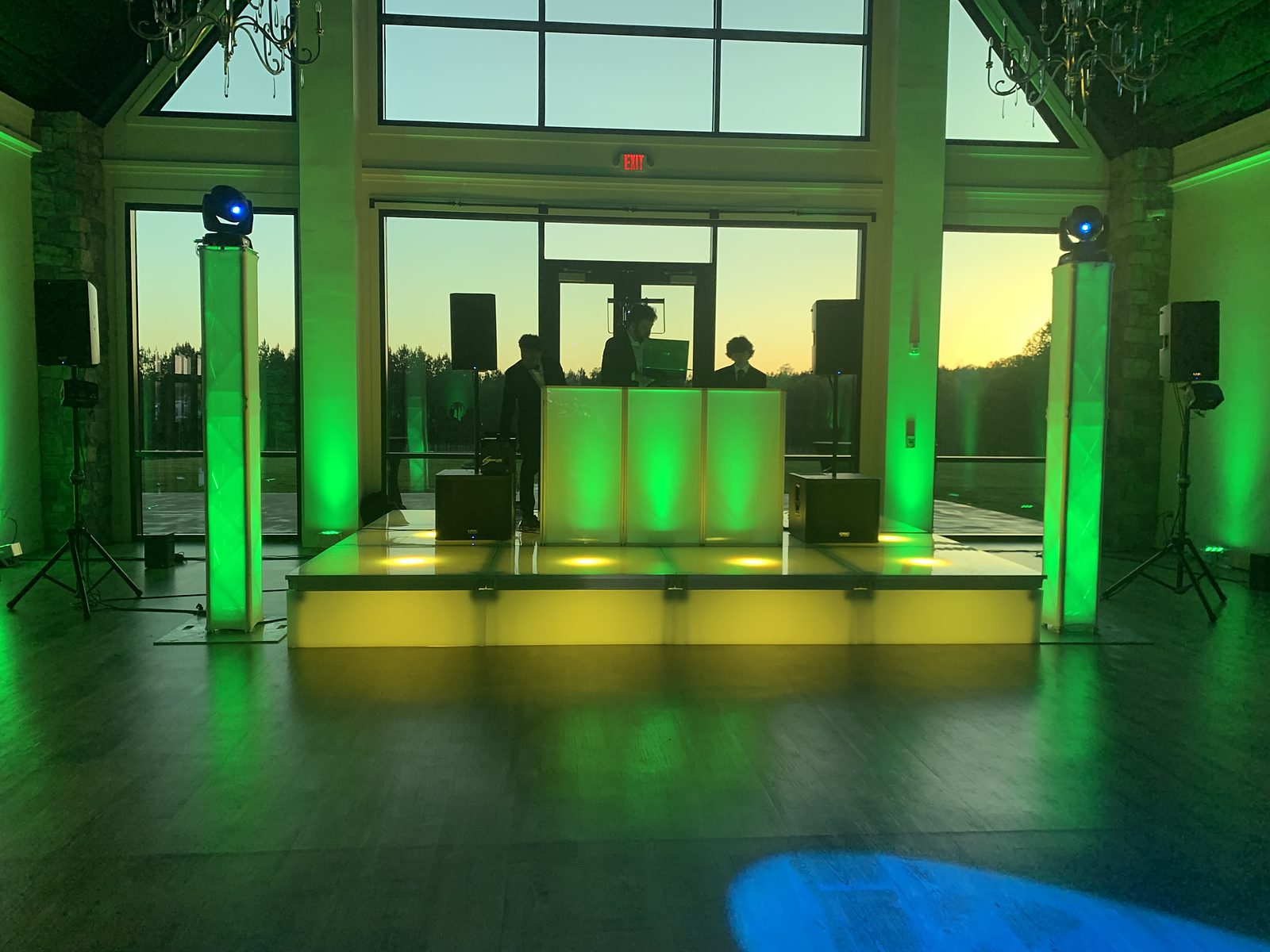 Our LED stage and DJ setup in front of the windows at DuGaren